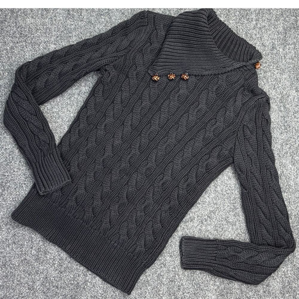 Ralph Lauren Womens M Cable Knit Sweater Charcoal Gray/Black Turtleneck Cotton